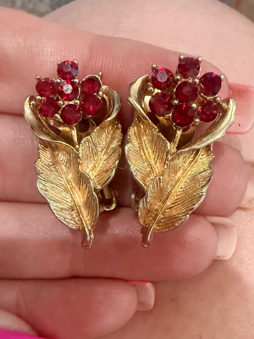 Coro Vintage Gold-Tone Leaf Clip Earrings with Red Crystal Blossoms